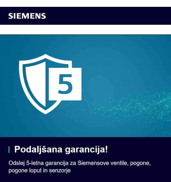 Odslej 5-letna garancija za Siemensove ventile, pogone, pogone loput in senzorje